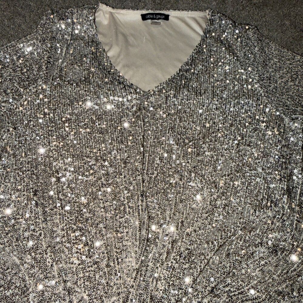 Party Dance Gold Silver Sequin Balloon Sleeve Blouse Twist Front XL Cable & Gaug - Picture 10 of 12
